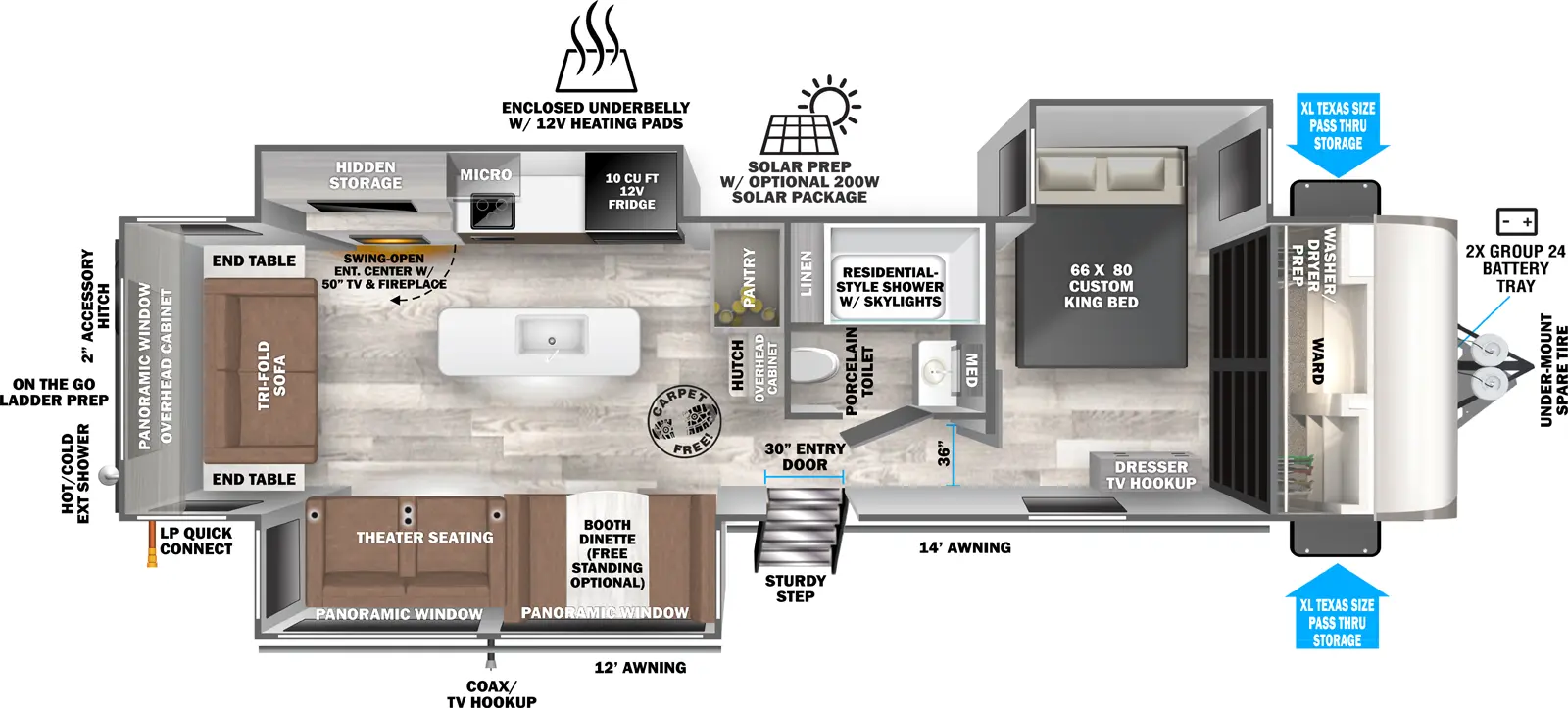 The Hemisphere Travel Trailers 308RL has one entry and three slide outs. Exterior features include: fiberglass exterior and 12' & 14' awning. Interiors features include: kitchen island, free-standing dinette option, front bedroom and rear living.